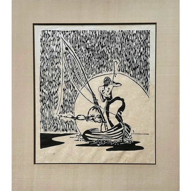 "Boatman"original signed and numbered woodcut print on parchment paper. Print of sailor on sailboat is number 21 of an...