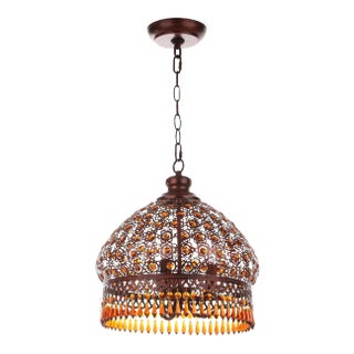 Jeweled 3 Light 13.5-Inch Diameter Pendant - Dark Bronze & Amber For Sale