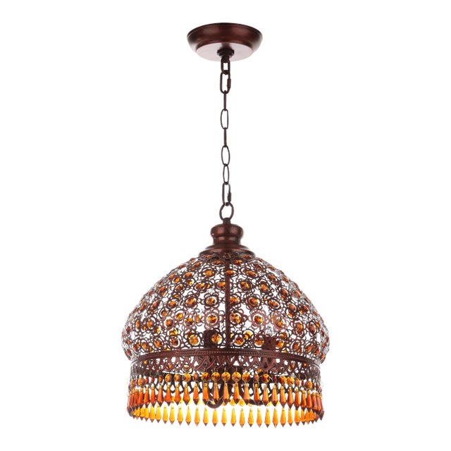 Jeweled 3 Light 13.5-Inch Diameter Pendant - Dark Bronze & Amber For Sale