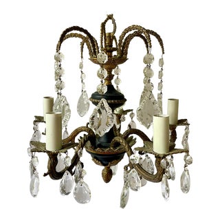 Petit French Empire Style Brass and Crystal Chandelier For Sale