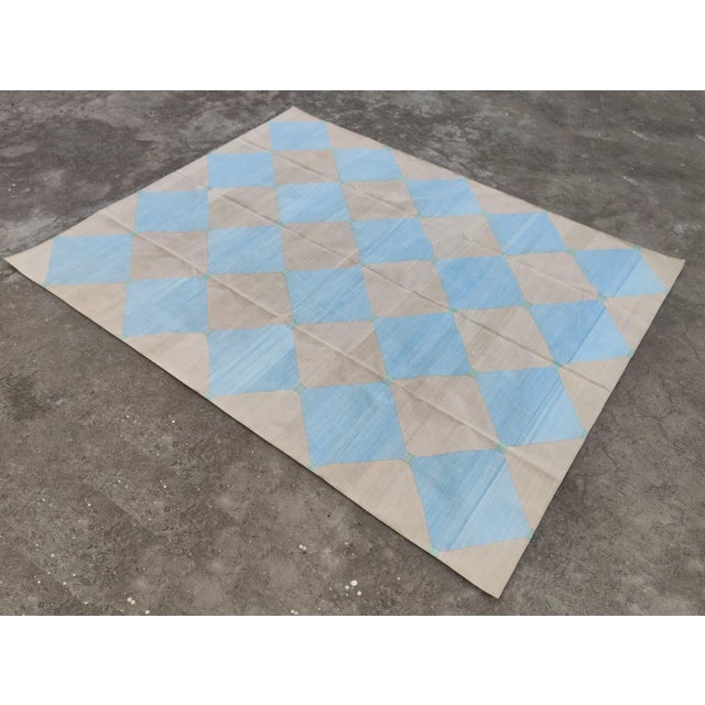 Mid-Century Modern Handmade Cotton Area Rug Natural Vegetable Dyed Reversible Beige Blue Tile Pattern Rug - 10'x14' For Sale - Image 3 of 11