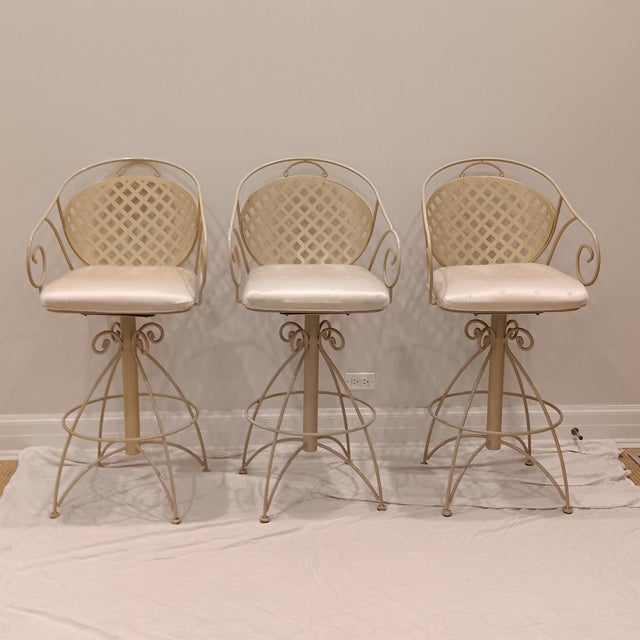 Vintage French Style Wrought Iron Indoor/Outdoor Swivel Barstools W/Cream Coating, Lattice Back and a Beautiful Silky Cream Upholstered Seat, 3 Pieces For Sale - Image 16 of 16
