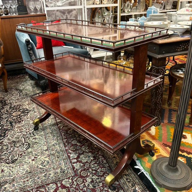 1940s Antique Cherrywood 3 Tier Rolling Bar Cart For Sale - Image 5 of 10