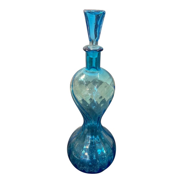 Vintage Ribbed Turquoise/Blue Glass Vase With Stopper For Sale