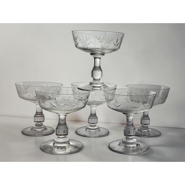 Set of 6 Crystal Champagne Coupes with Etched Wheat Pattern — 20th Century Set of six hand-blown crystal coupes on stepped...