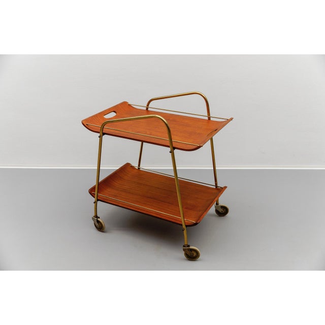Mid-Century Modern Serving Cart in Teak and Brass with Removable Tray, 1950s For Sale - Image 4 of 15