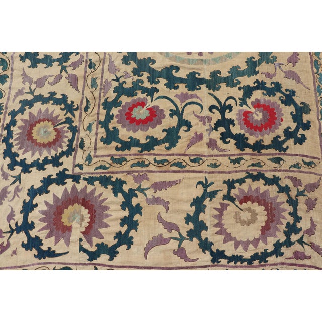 Antique Uzbekistan Suzani Textile With Medallion and Floral Vine Embroidery For Sale - Image 12 of 17