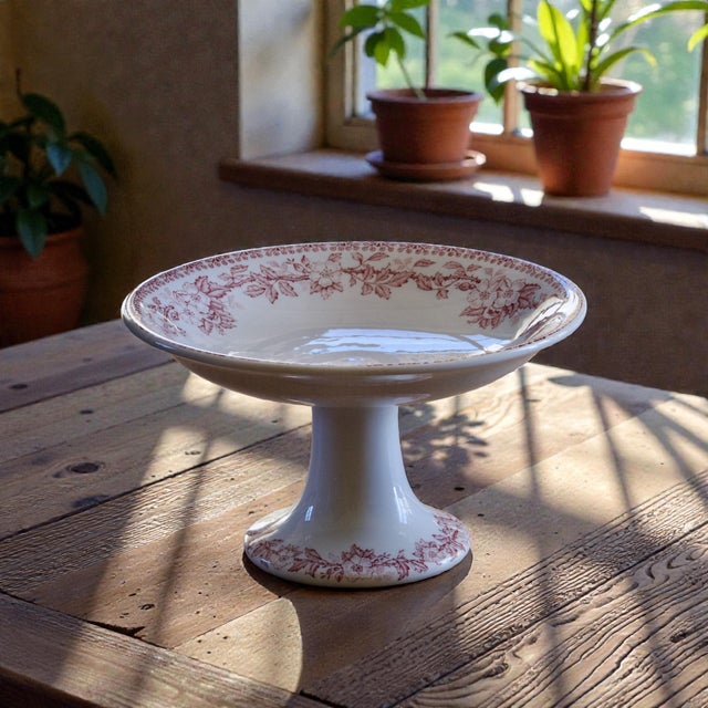 Antique French Pink Ironstone Compote Dish with Floral Decoration For Sale - Image 3 of 13