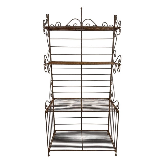 Vintage Rustic Wrought Iron 4 Shelf Bakers Rack For Sale
