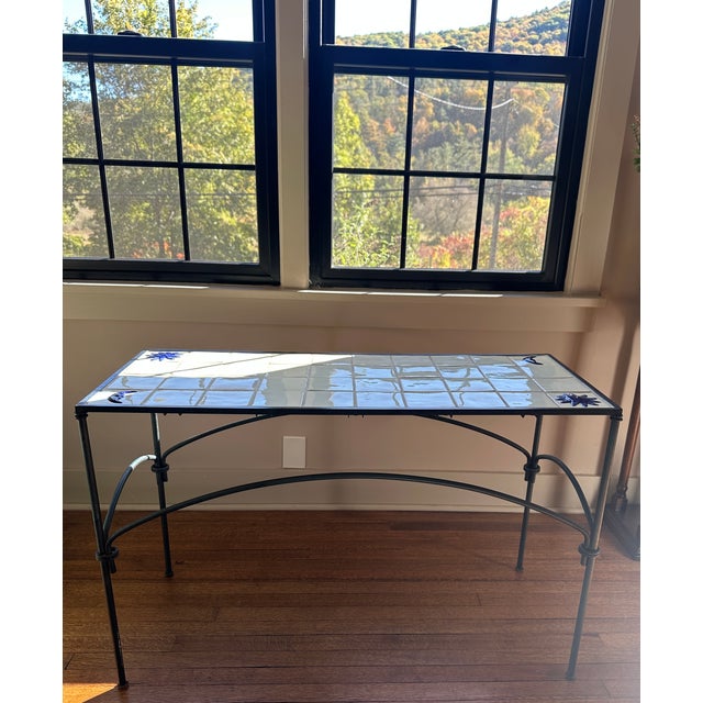 Vintage Mid-Century Modern Italian Wrought Iron and Majolica Tile Coffee Table – Celestial Sun & Moon For Sale - Image 4 of 17