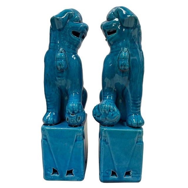 Chinese Vintage Chinese Porcelain Turquoise Foo Dog Figurines - A Pair For Sale - Image 3 of 9