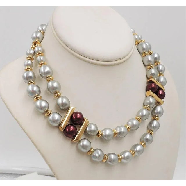 Red Vintage 1980s Signed Napier Grey Faux-Baroque Pearls & Red Beads Festoon Necklace For Sale - Image 8 of 9