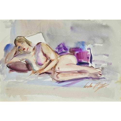Carlo Ravagnan, Reclined Nude, 1960s, Watercolor For Sale