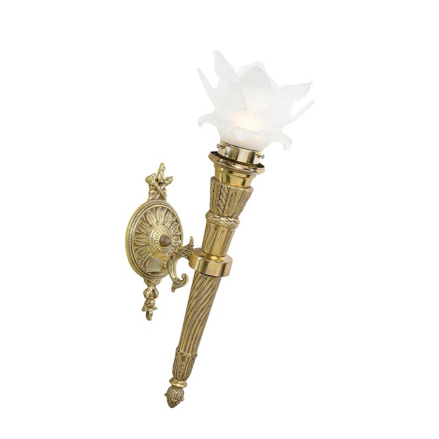 Brass Pair of Neoclassical Antique Brass Torch Form Sconces With Frosted Glass Shades For Sale - Image 8 of 14