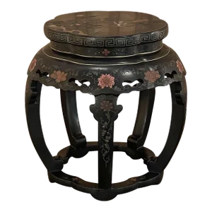 Mid-Century Chinese Hand-Painted Black Lacquer Lamp Table