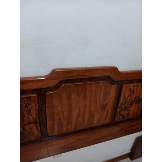 1980s Vintage Asian Inspired Queen Size Wooden Headboard Dark Wood Tone For Sale - Image 5 of 9