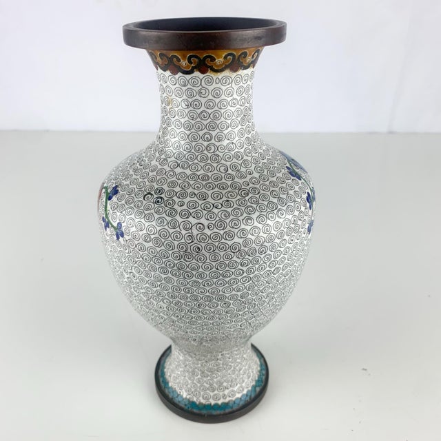 Chinese Vintage Brass Enamel Chinese Cloisonné Vase Floral Blue Flowers Scroll Design For Sale - Image 3 of 9