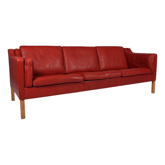 Model 2213 Three-Seat Sofa in Red Brown Leather by Børge Mogensen for Fredericia For Sale