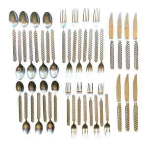 1960s Kaysons Lily of the Valley Stainless Golden Rhapsody Flatware Japan - 57 pcs