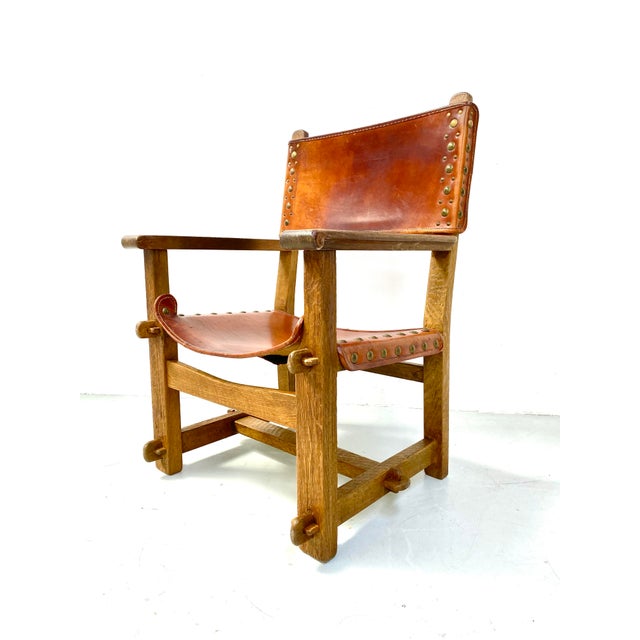 Vintage French Brutalist Castle Armchair in Oak and Cognac Leather, 1920s For Sale - Image 6 of 16