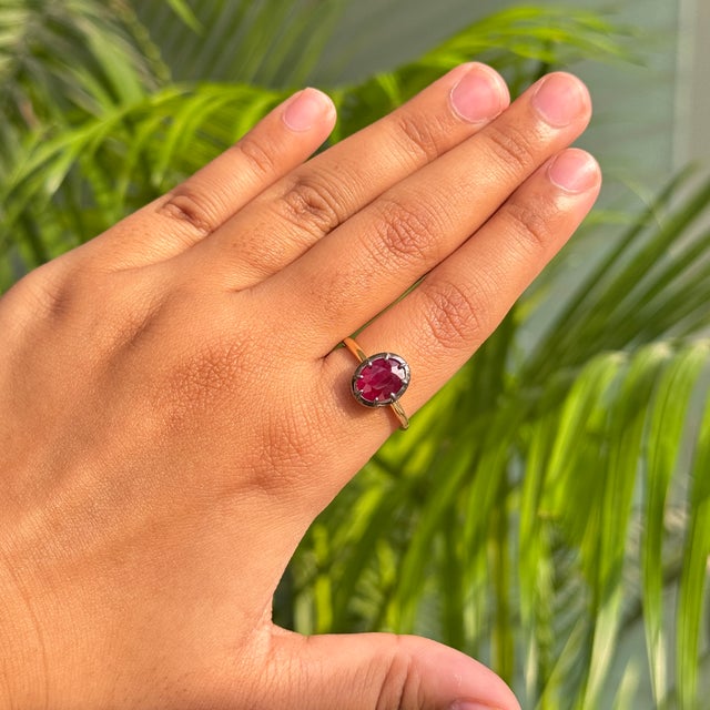 Solitaire Set 2.09 Ct Ruby Rhodium Engagement Ring in 18k Yellow Gold Size 6 For Sale - Image 11 of 16