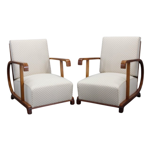 Vintage Art Deco Lounge Chairs in Walnut and Oak, 1930s, Set of 2 For Sale