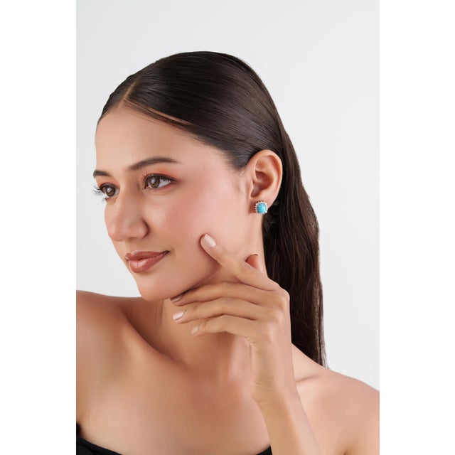 Vintage Inspired 14k Gold 3.88ct Turquoise & Diamond Stud Earrings- A Pair For Sale - Image 10 of 14