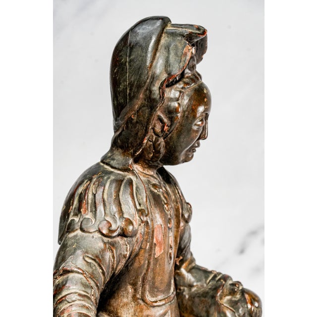 Hand Carved Large Antique Chinese Guanyin Wood Sculpture on Dragon Buddhist Asian Home Decor For Sale - Image 9 of 17