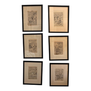 Mid 19th Century Set of 6 Framed Utago Kunisada Woodcuts