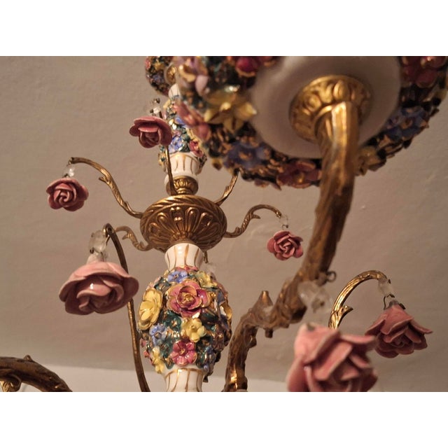 Vintage Boho Six-Arm Chandelier in Ceramic and Gilt Brass For Sale - Image 4 of 10