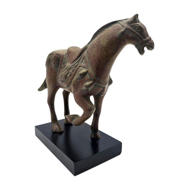 Late 20th Century Late 20th Century Chinese Tang-Style Patinated Metal Horse Sculpture on Black Plinth For Sale - Image 5 of 17