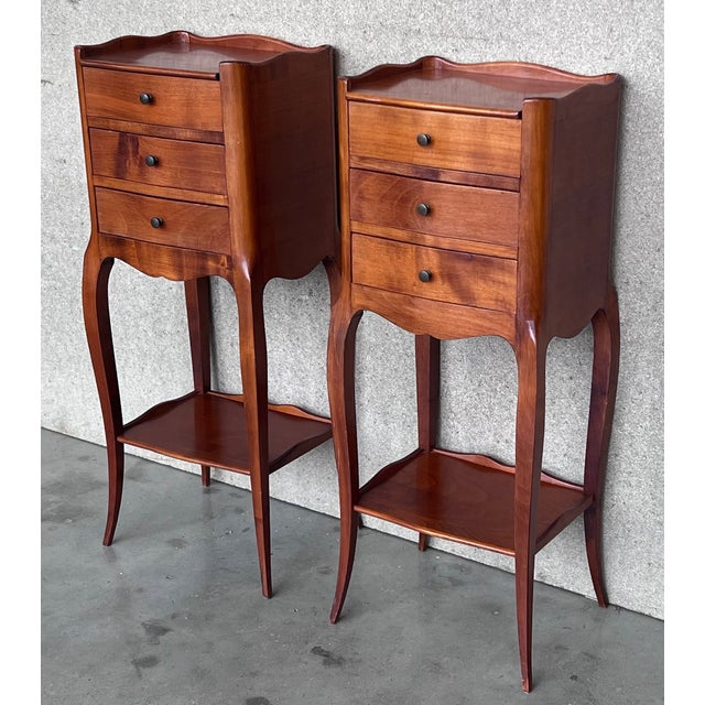 Pair of French Walnut Narrow Bedside Tables With Three Drawers For Sale - Image 4 of 10