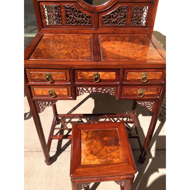 Chinese Vanity 1950-1960. Burlwood and old blackwood dressing table with matching stool. Open work carving. Lattice foot...