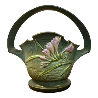 Vintage 1945 Roseville Pottery Green/Blue Freesia Basket Vase #391-8" For Sale