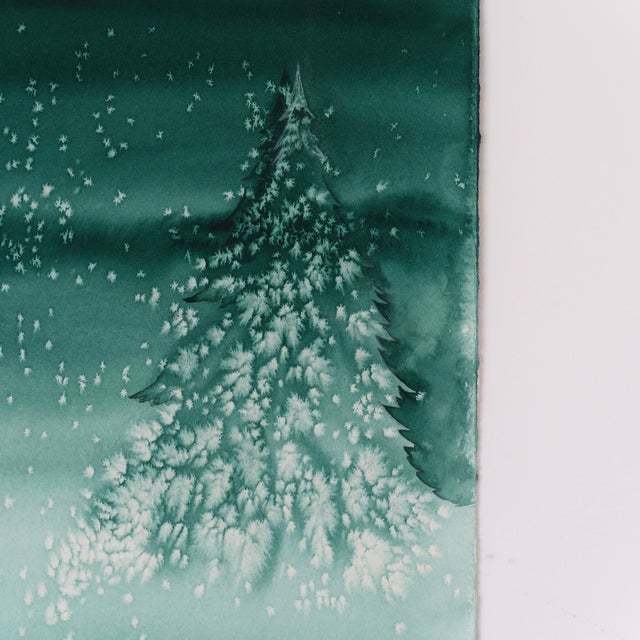 Contemporary Late 20th Century Original Monochromatic Winter Scene Watercolor Painting on Paper by Artist Ellen Shannon of Snowy Pine & Frozen Stream For Sale - Image 3 of 16