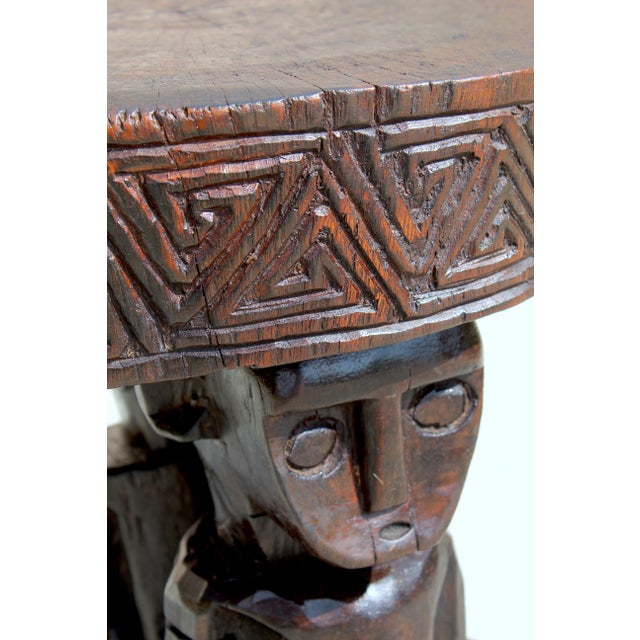 Vintage Hand-Carved African Man & Woman Figural Stool – 20.5” H X 15.75” W Sculptural Tribal Side Table With Geometric Carving For Sale - Image 13 of 17