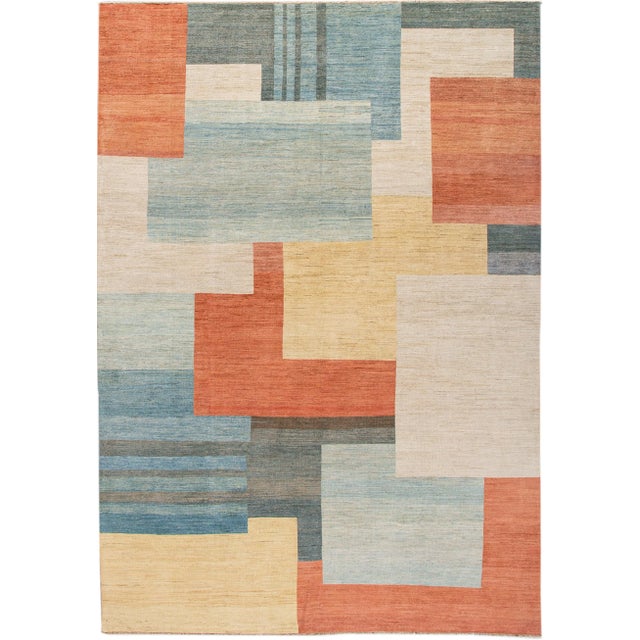 Modern Deco Style Handmade Multicolor Geometric Abstract Wool Rug For Sale - Image 9 of 9