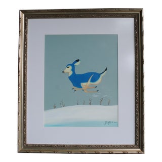 Vintage Beatien Yazz Navajo Gouache Original Painting Blue Deer Signed For Sale
