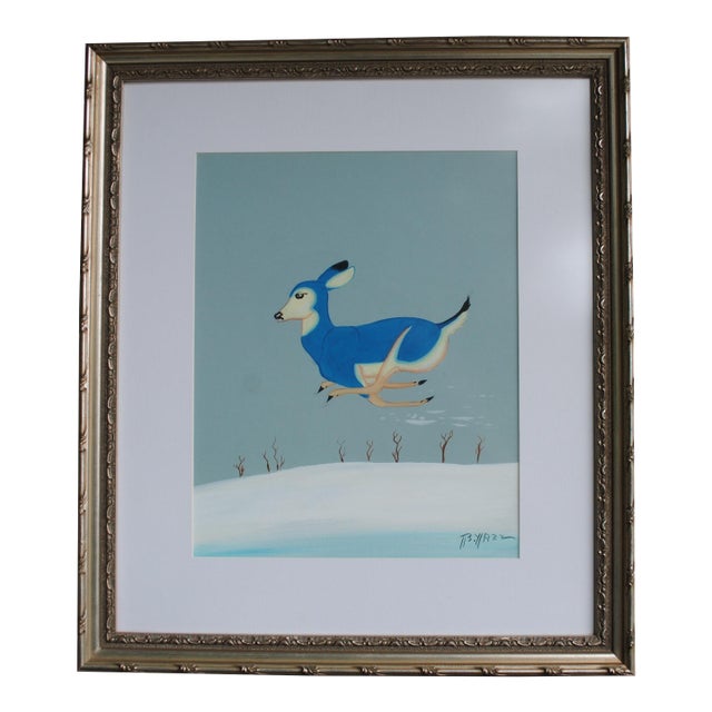 Vintage Beatien Yazz Navajo Gouache Original Painting Blue Deer Signed For Sale