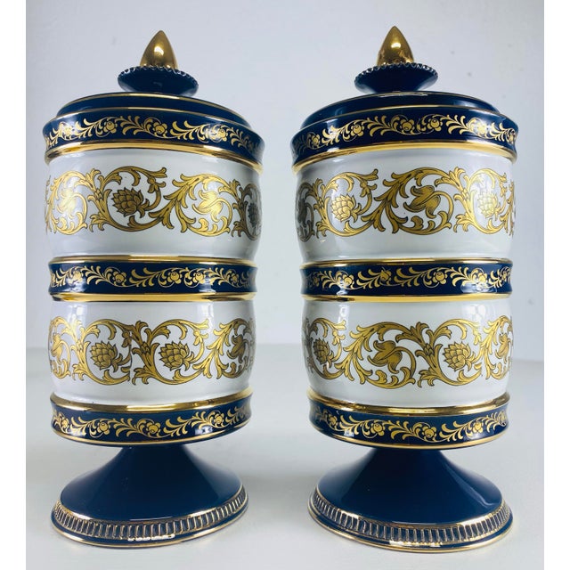 Mid-Century Vintage Cobalt Blue and Gold Italian Porcelain Jars With Lids. For Sale - Image 4 of 11