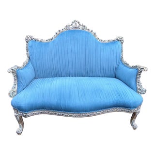 1970 French Louis XVI Pastel Beech Blue Velvet Settee For Sale