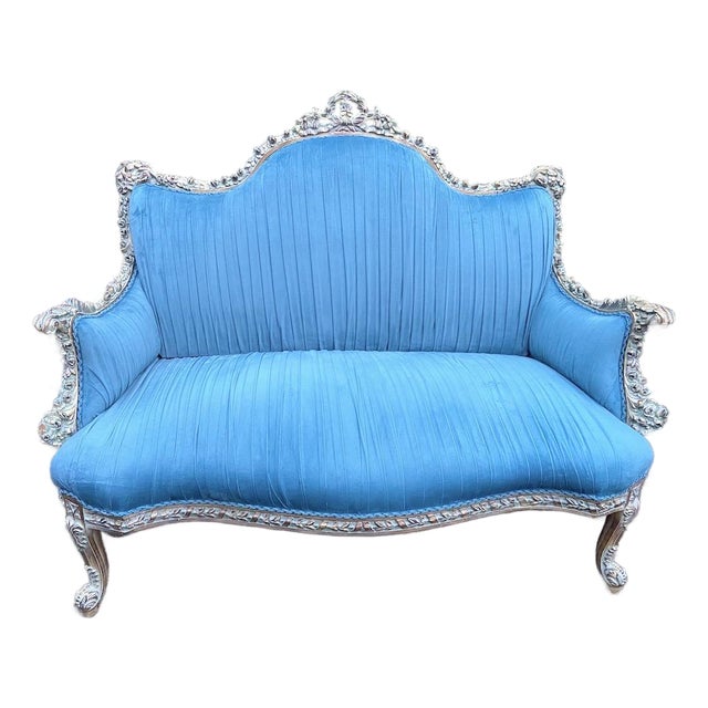 1970 French Louis XVI Pastel Beech Blue Velvet Settee For Sale