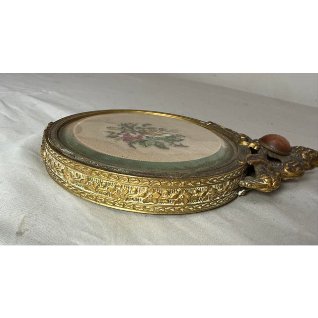 Large Antique 19th Century Gilt Bronze Petit Point Embroidery Vanity Hand Mirror For Sale - Image 14 of 14