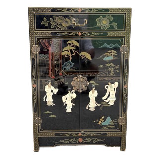 Vintage Chinese Black Lacquered Hand Painted Cabinet For Sale