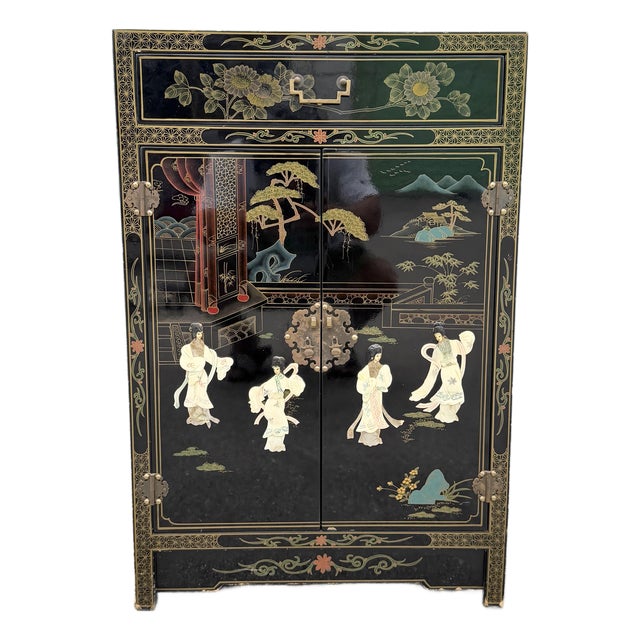 Vintage Chinese Black Lacquered Hand Painted Cabinet For Sale