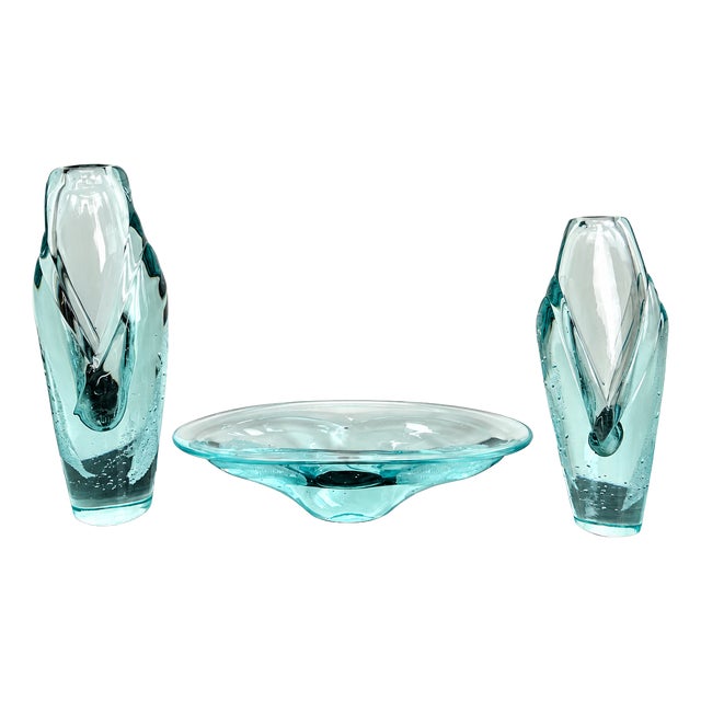 Art Glass Model 7420/32 Vases and Bowl by Ladislav Paleček for Škrdlovice, Former Czechoslovakia, 1974, Set of 3 For Sale