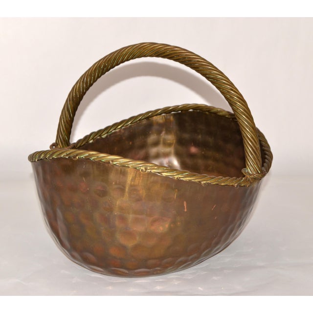 Figurative 50s Ramon Ramirez Style Arts & Crafts Heavy Brass Basket Planter Hammered Patina For Sale - Image 3 of 14