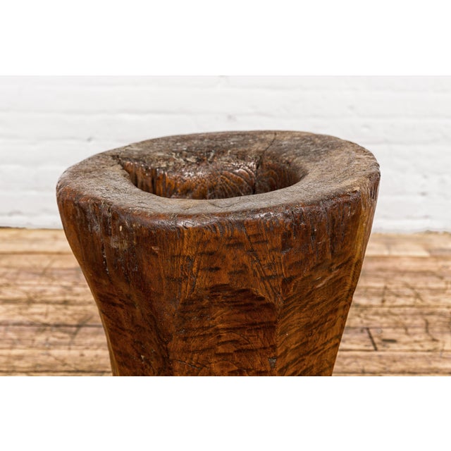 Wood Teak Wood Rustic Mortar Urn Repurposed as an Antique Planter, 19th Century For Sale - Image 7 of 12