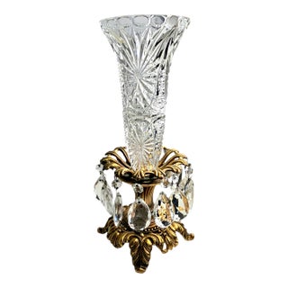 Italian Crystal Brass Candle Holder Mantel Luster 14" For Sale
