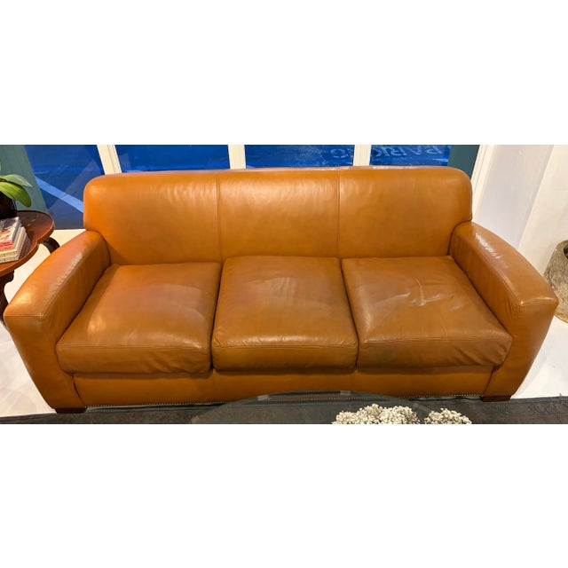 1990s leather 84" Ralph Lauren Sofa with studs, reupholstered cushions in Pierre Frey, sold with original leather cushion...